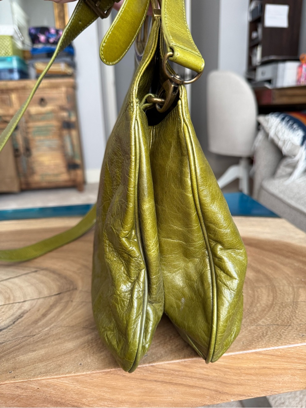 HOBO Olive Green Leather Bag with Brass Top Handle - Picture 6 of 14